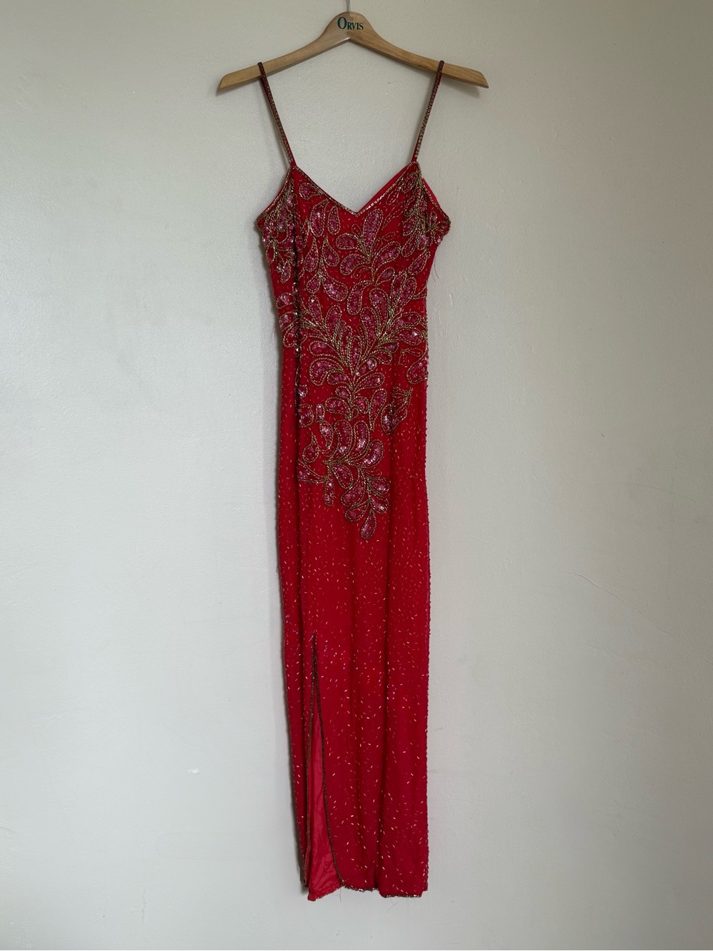 100% Silk Nadine Red Beaded Slip Maxi Dress with Gold Embellishment